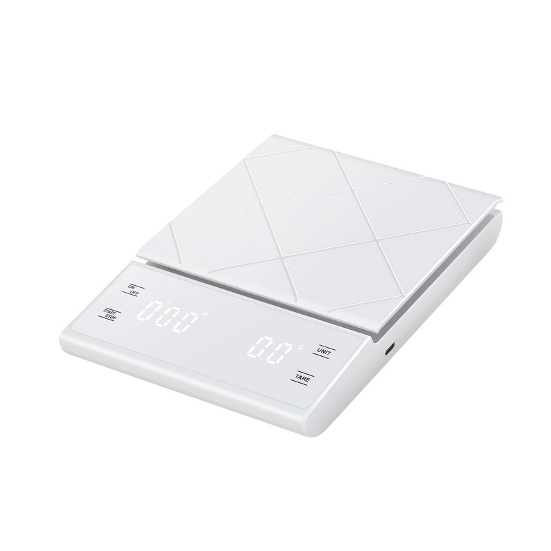 Digitálna kuchynská váha na kávu 3kg/0,1g s časovačom USB dobíjateľná biela